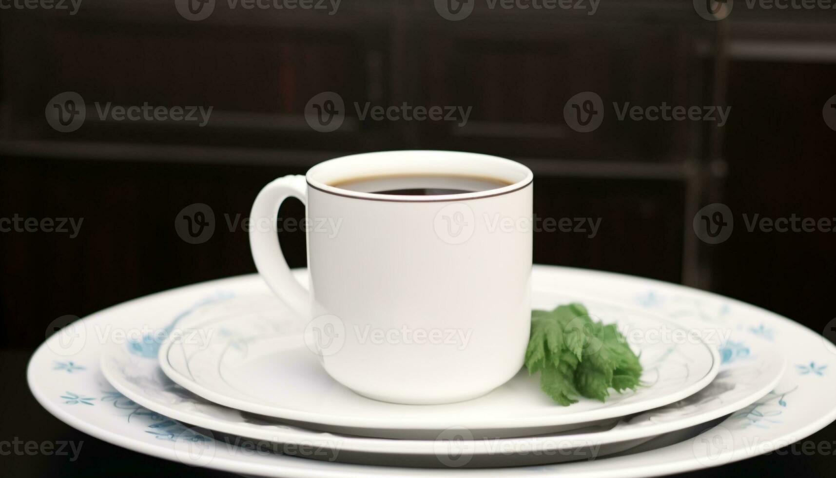 fresco caffè nel un' piattino su un' di legno tavolo generato di ai foto