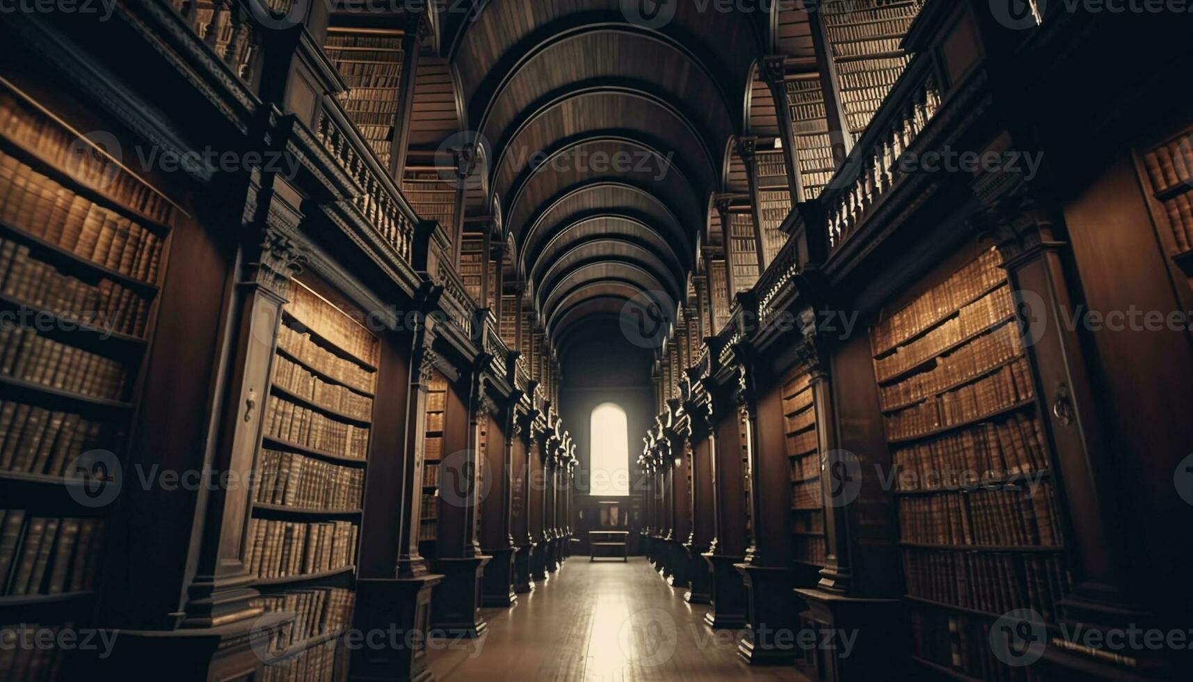 grande collezione di vecchio libri su di legno scaffali nel biblioteca generato di ai foto