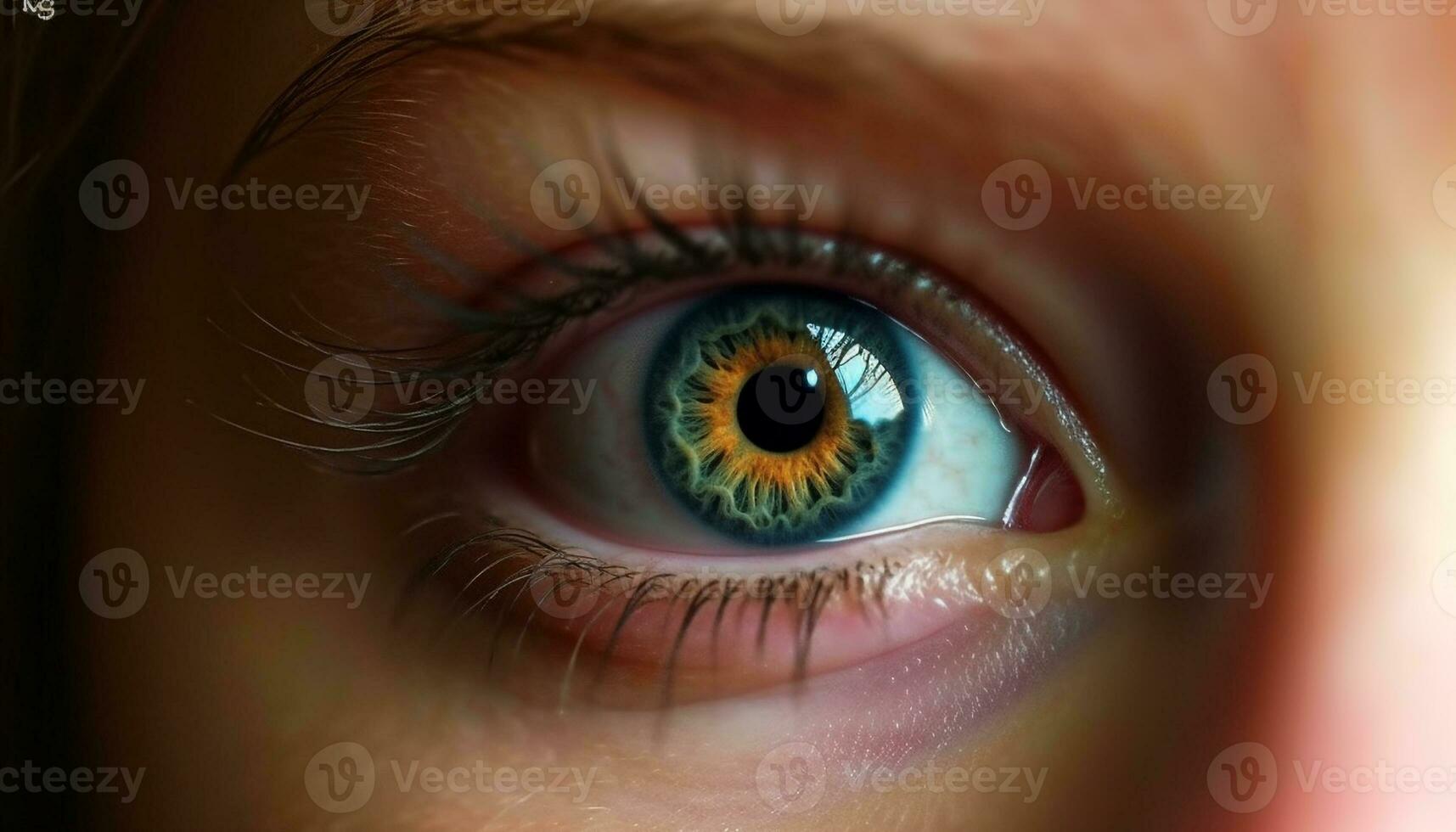 caucasico donna verde iris fissando a telecamera nel vicino su ritratto generato di ai foto