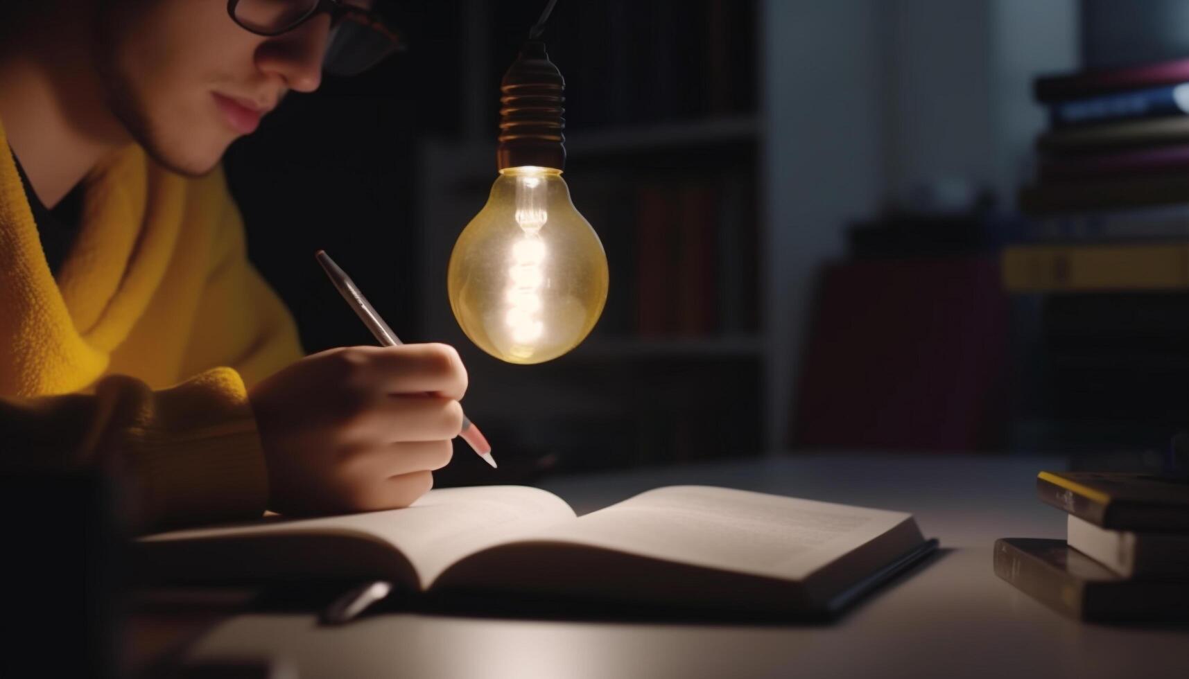 uno alunno studiando a un' scrivania con un elettrico lampada generato di ai foto