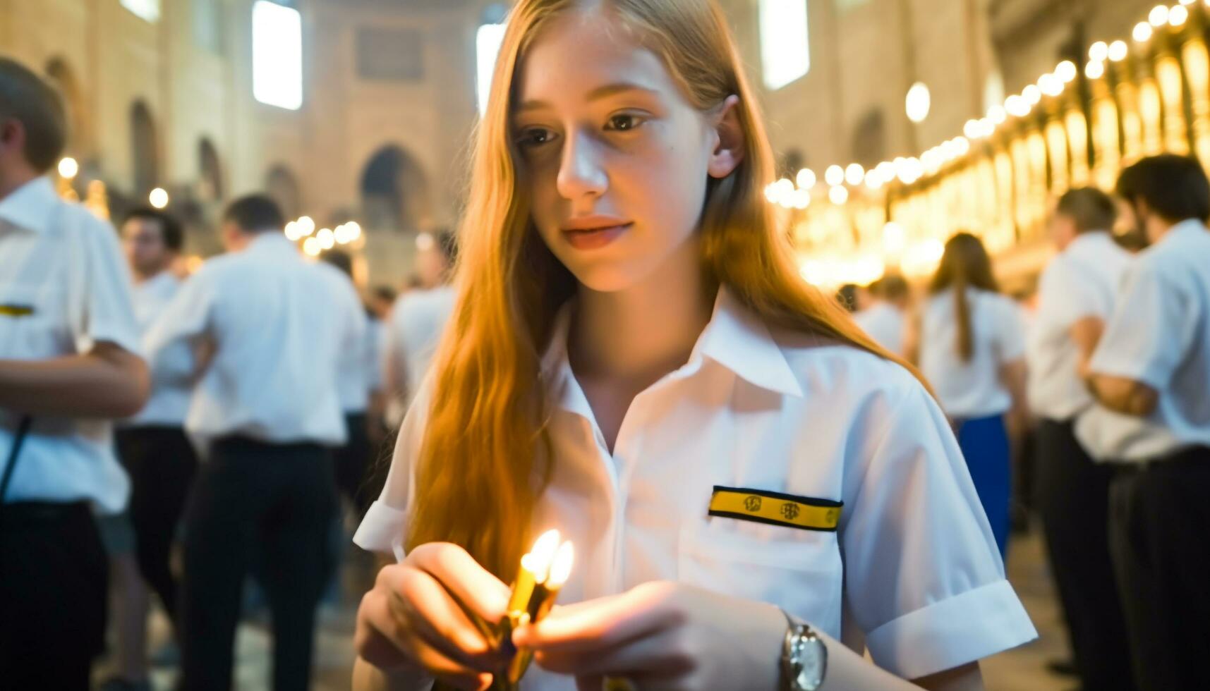 giovane adulti sorridente, Tenere candele, festeggiare spiritualità e solidarieta generato di ai foto