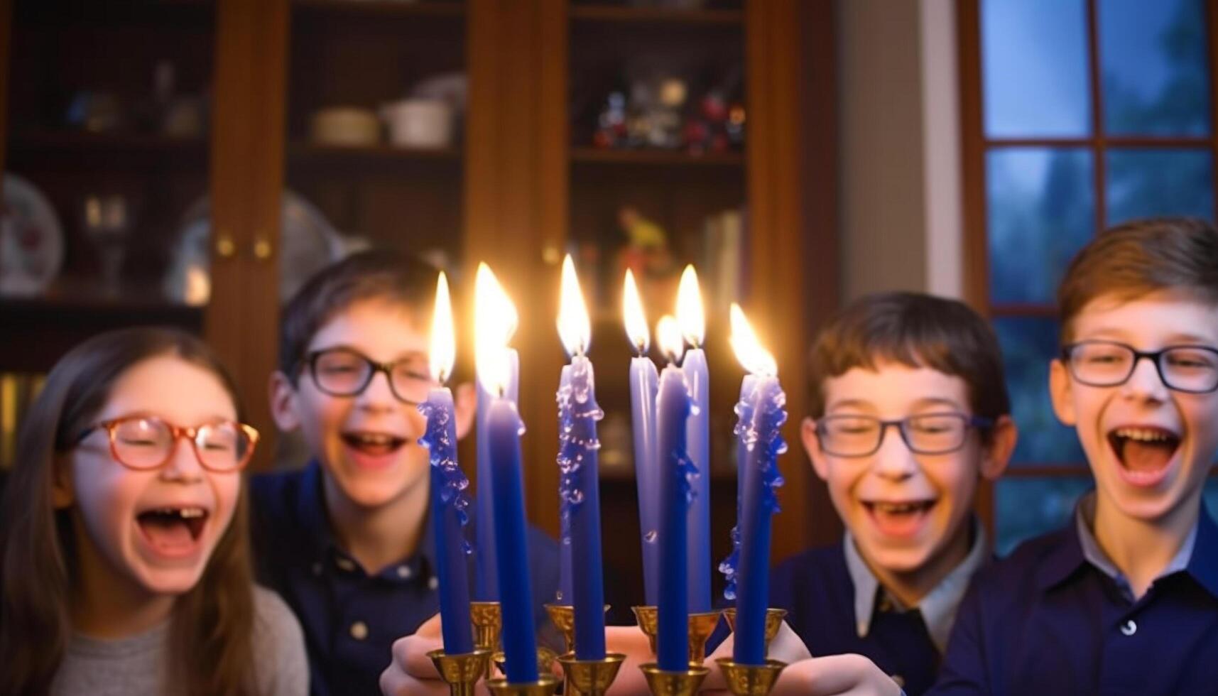 sorridente bambini Tenere candela, festeggiare compleanno con felicità e solidarieta generato di ai foto