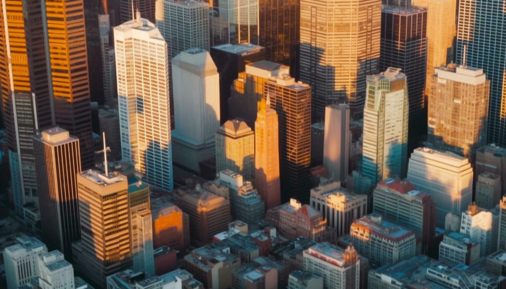 moderno grattacieli illuminare il urbano orizzonte a crepuscolo sopra città strade generato di ai foto