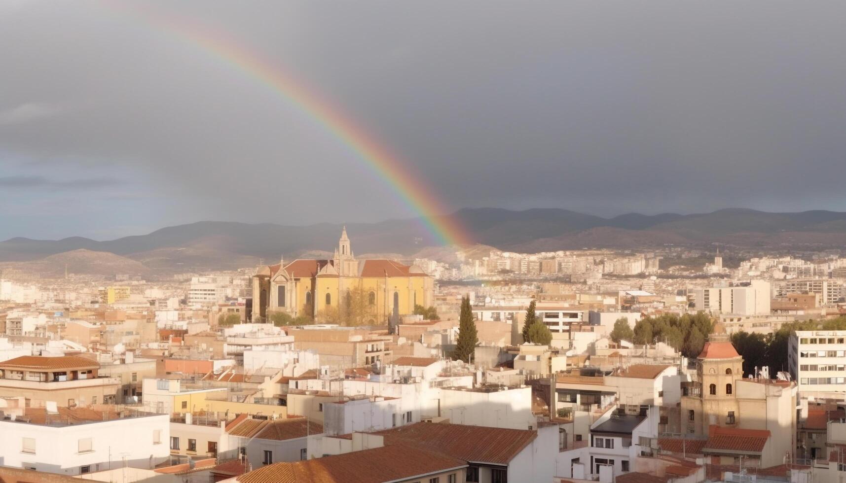 Multi colorato tramonto vernici maestoso città orizzonte con religioso architettura generato di ai foto