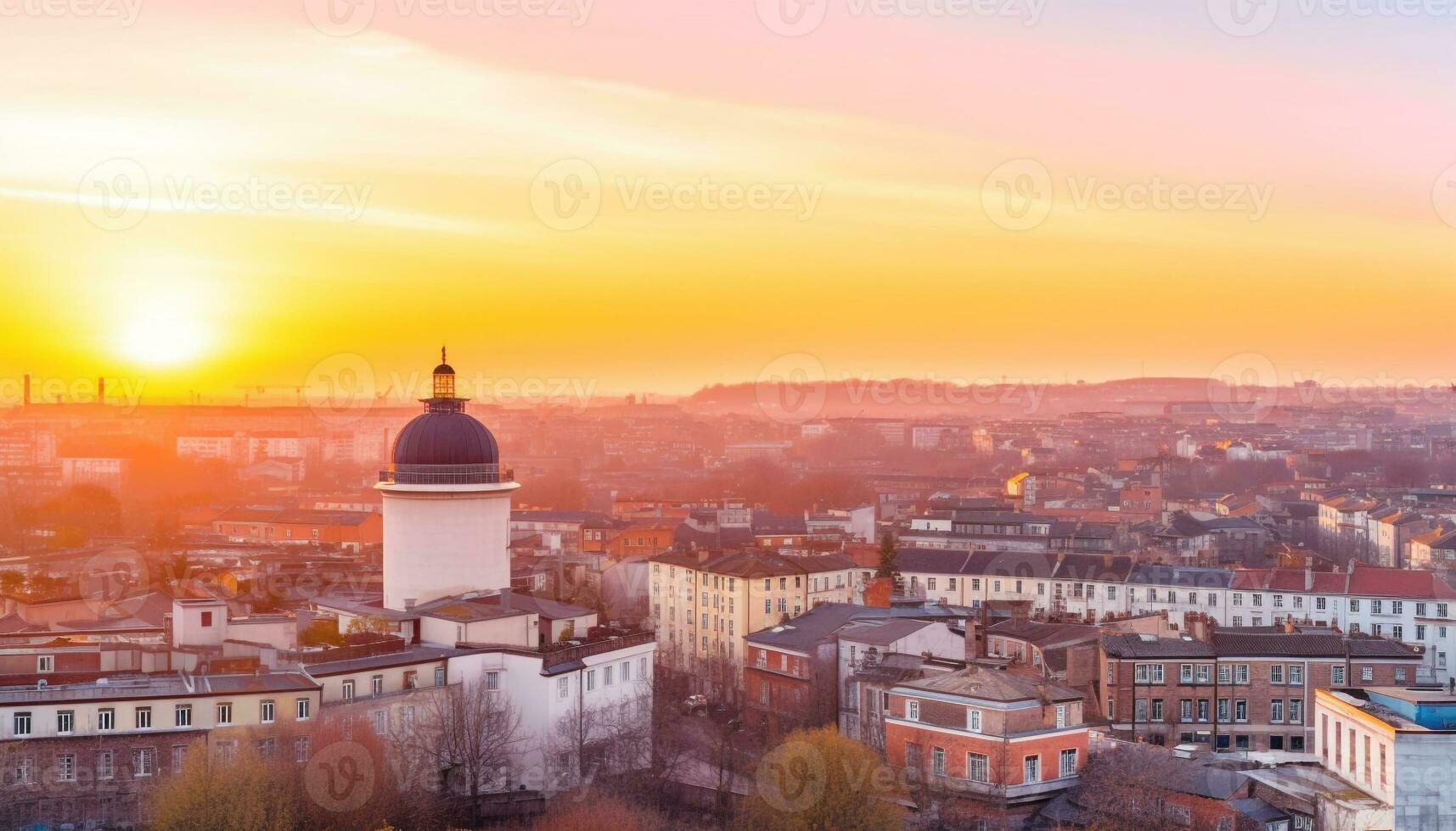 tramonto si illumina famoso città orizzonte, in mostra antico europeo architettura generato di ai foto