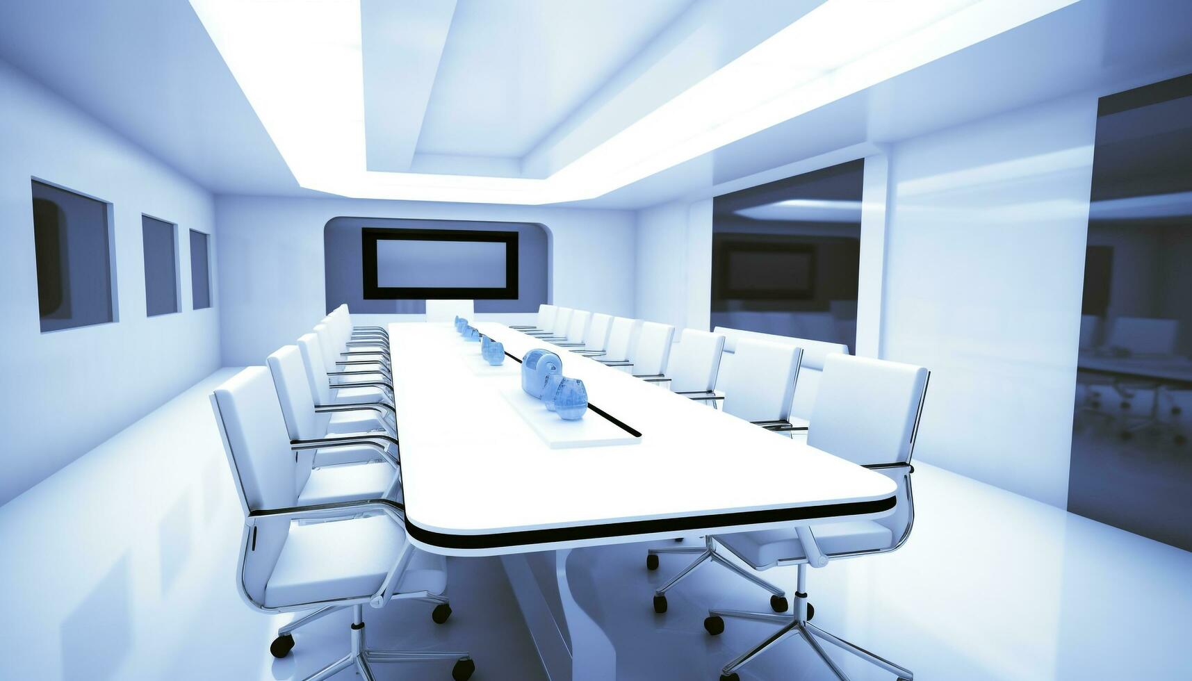 futuristico ufficio design con pulito blu pavimentazione e vuoto posti a sedere generato di ai foto