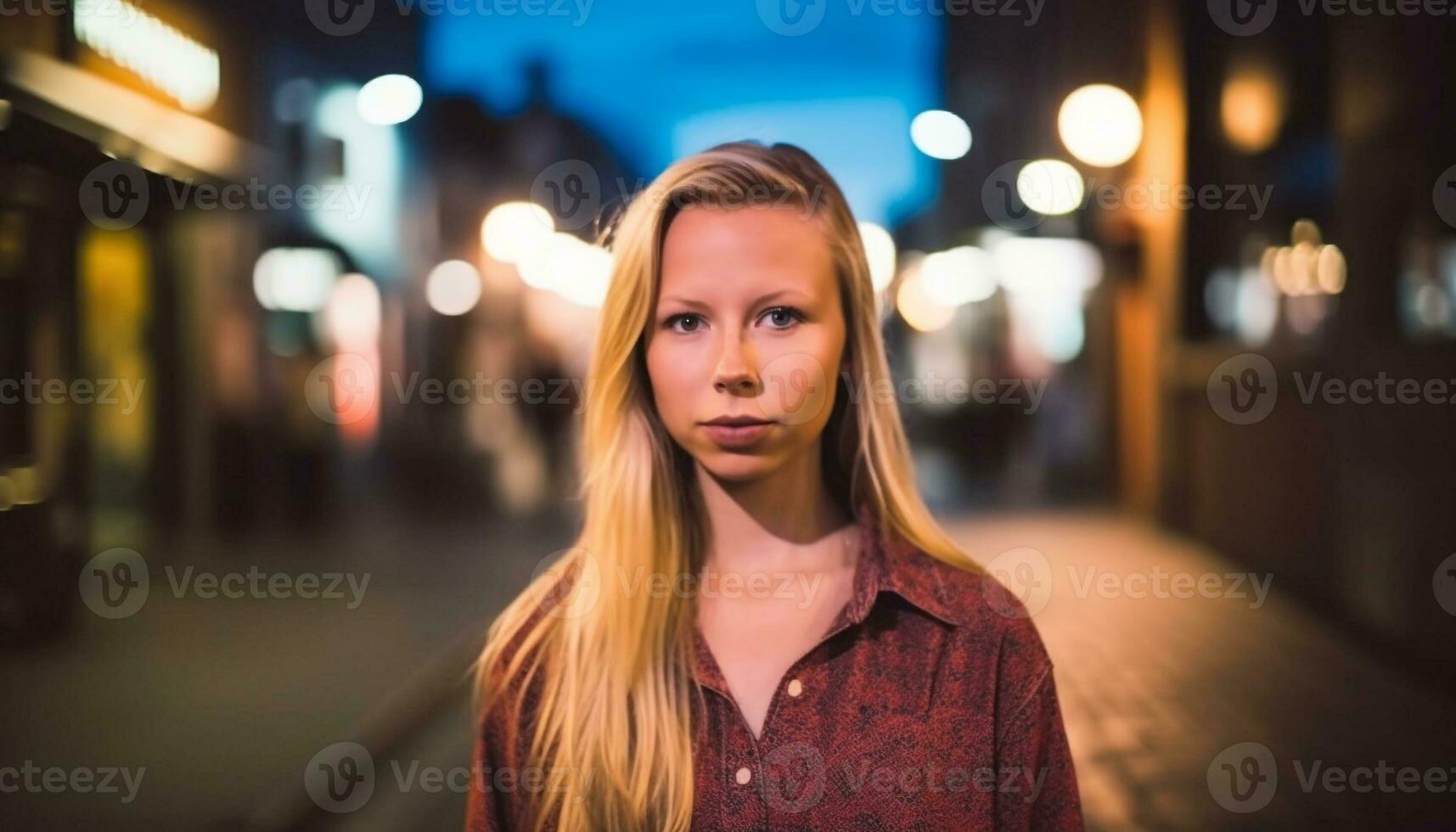 sorridente giovane donna nel casuale capi di abbigliamento sotto strada leggero a crepuscolo generato di ai foto