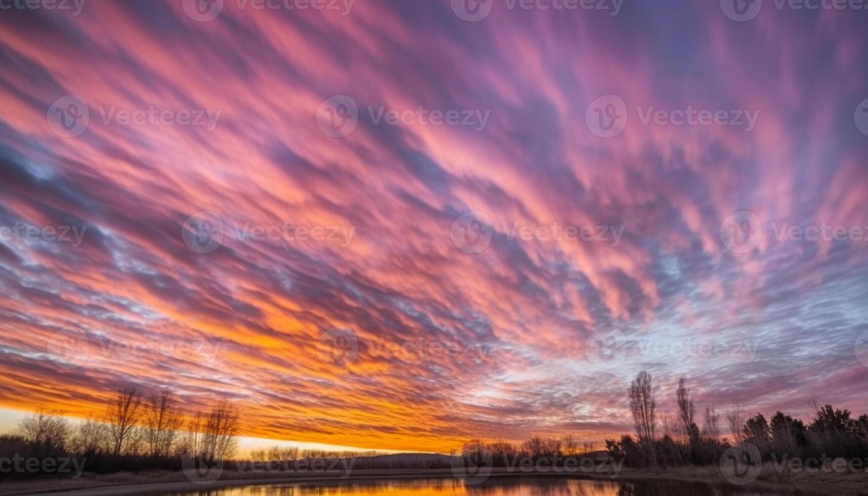 vivace tramonto al di sopra di tranquillo paesaggio, riflettendo su calma acque generato di ai foto