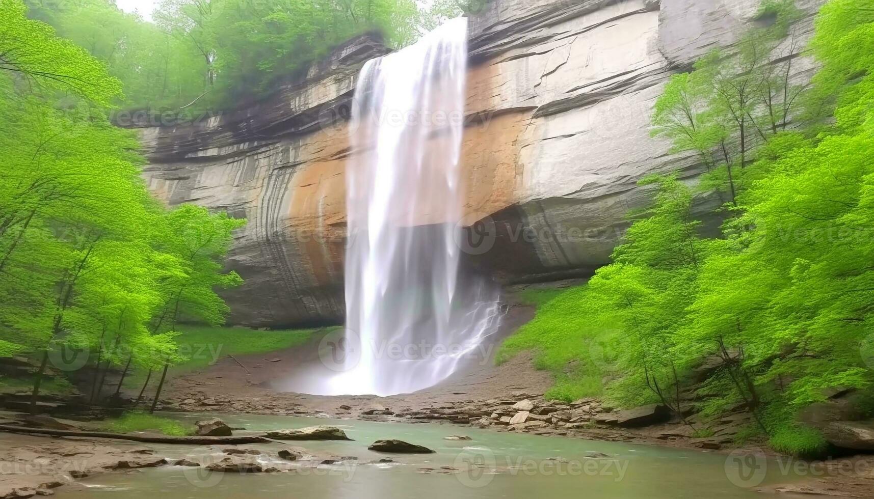 liscio acqua fluente al di sopra di rocce nel tranquillo foresta paesaggio generato di ai foto