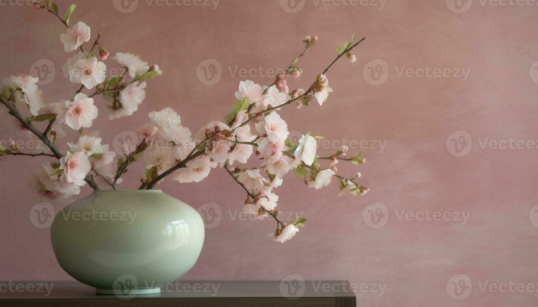 giapponese ceramica vaso detiene singolo rosa ciliegia fiorire ramo all'aperto generato di ai foto
