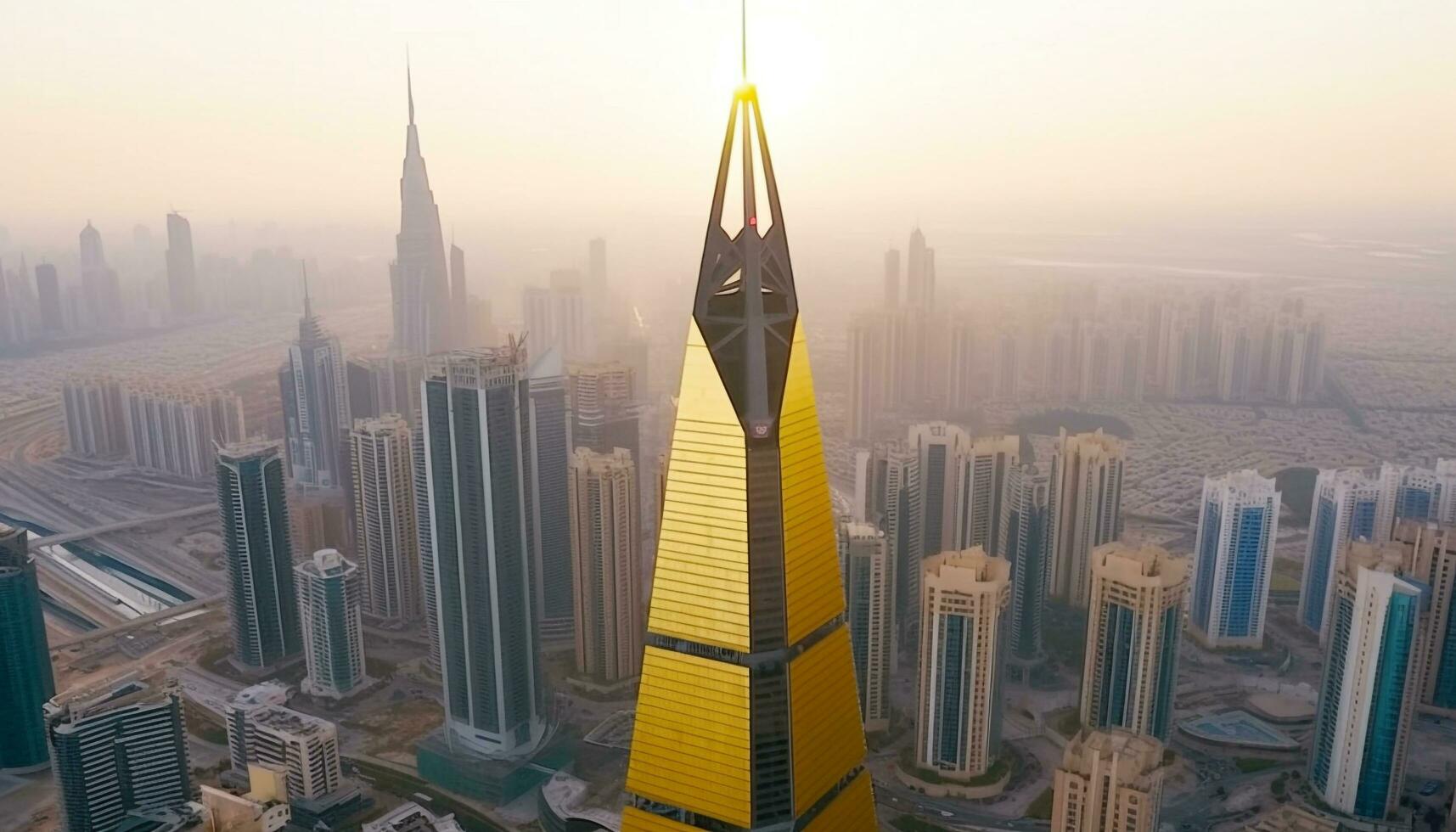 alto grattacieli illuminare il moderno città orizzonte a crepuscolo generato di ai foto