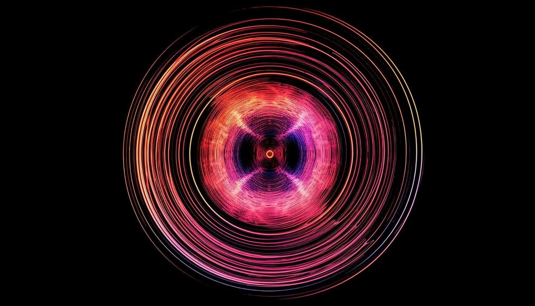 raggiante neon cerchio gira nel astratto modello su nero sfondo generato di ai foto