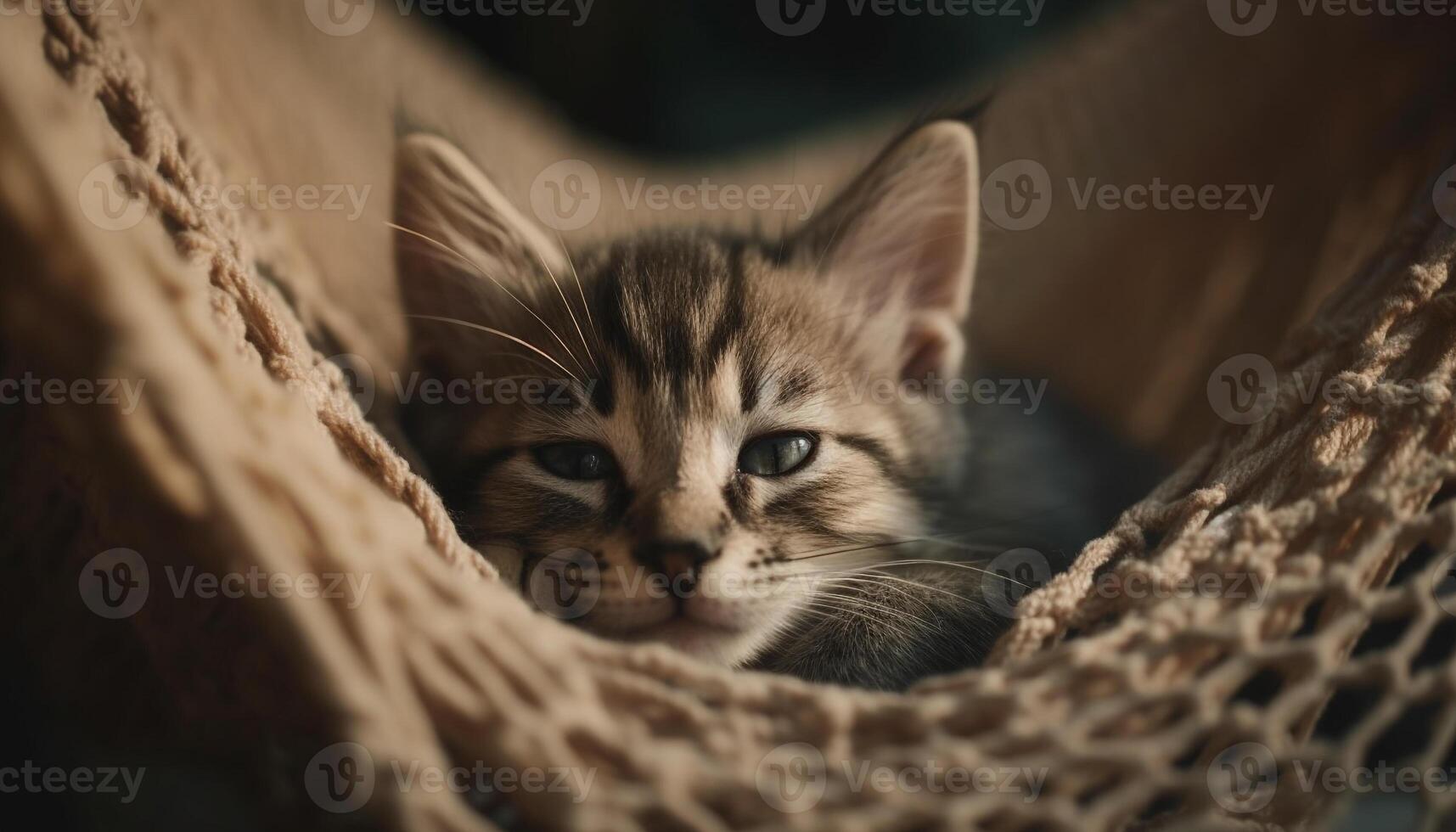 carino gattino con a strisce pelliccia e giallo occhi fissando scherzosamente generato di ai foto