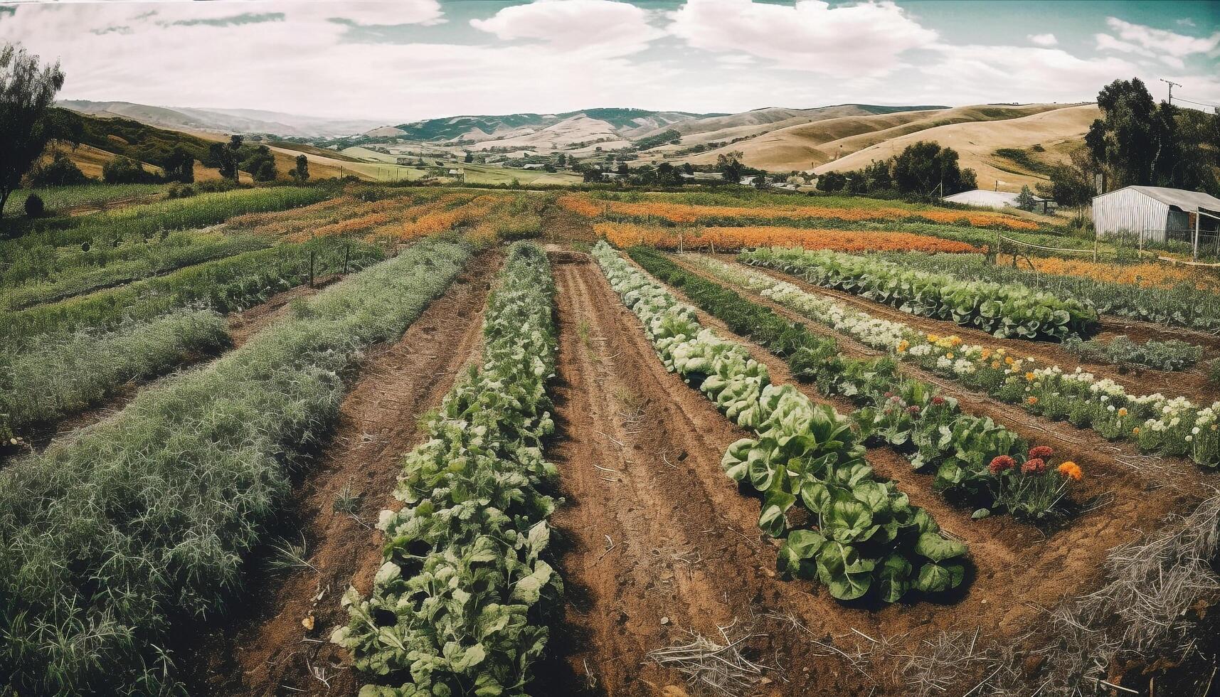 maturo verdure nel un' riga, raccolto a partire dal un' coltivato azienda agricola generato di ai foto