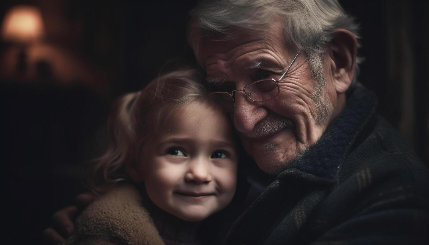 un' caldo famiglia legame, Abbracciare una persona amore e felicità in casa a notte generato di ai foto