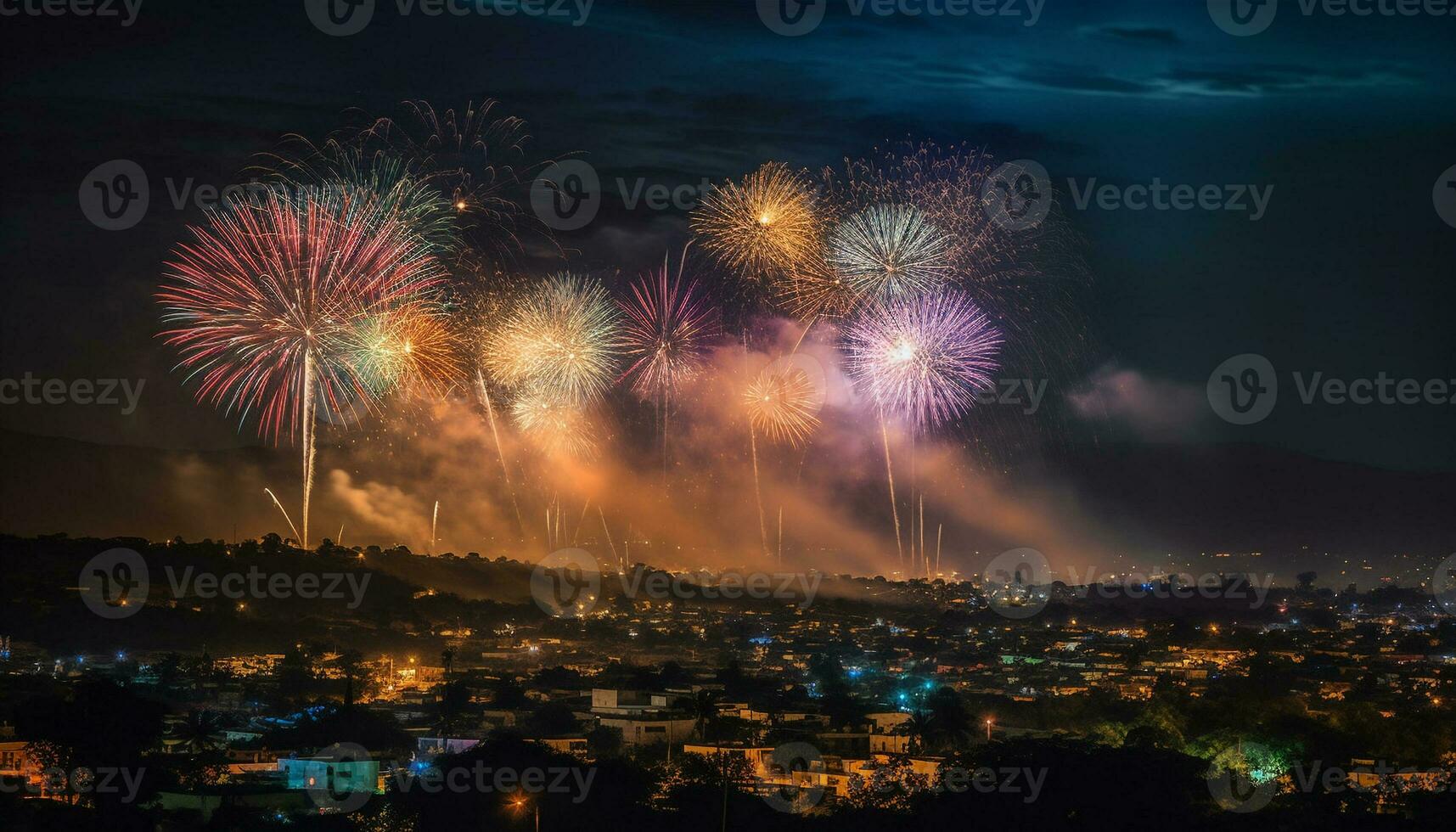 esplosivo fuochi d'artificio illuminare città orizzonte nel vivace celebrazione di il quarto di luglio generato di ai foto