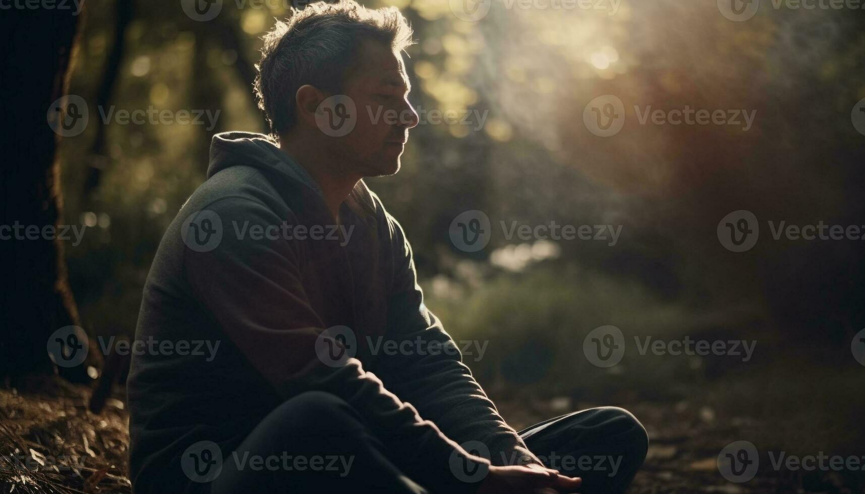 uno giovane adulto uomo seduta nel foresta, godendo solitudine e rilassamento generato di ai foto