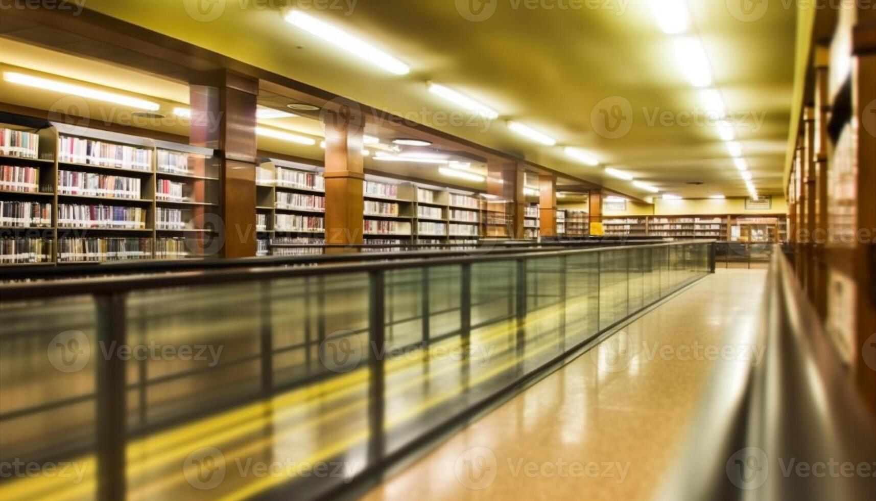 dentro un' moderno biblioteca, righe di libreria svanire in prospettiva generato di ai foto