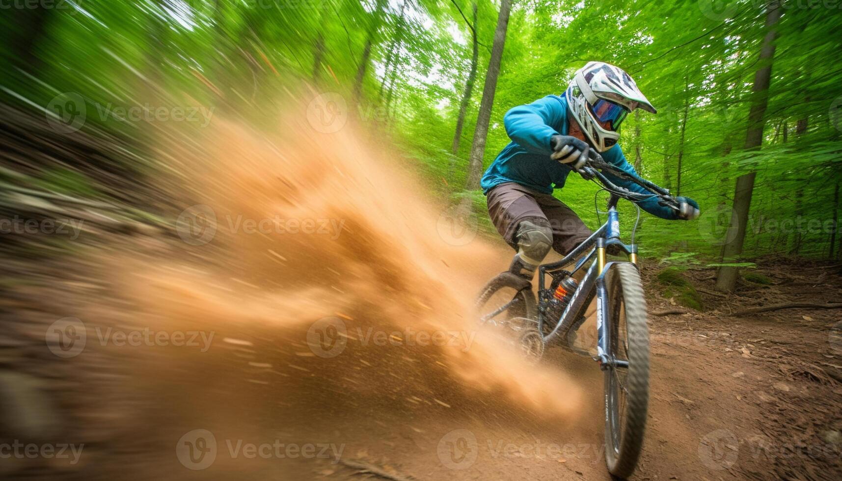 muscolare motociclista gare attraverso bagnato foresta nel estremo motocross campionato generato di ai foto