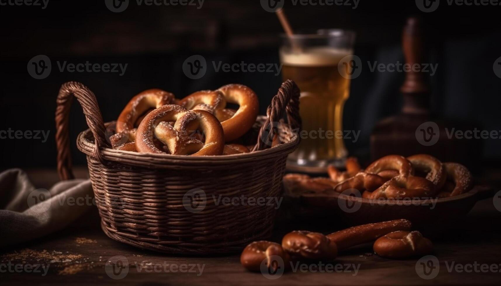 un' rustico cestino di croccante salatini, al forno Pasticcino Oggetti, e dolce caramella generativo ai foto