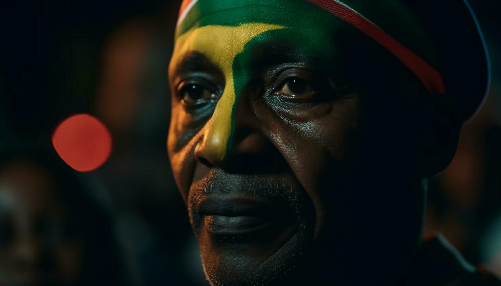 africano atleta celebra con viso dipingere nel illuminato città vita notturna generativo ai foto