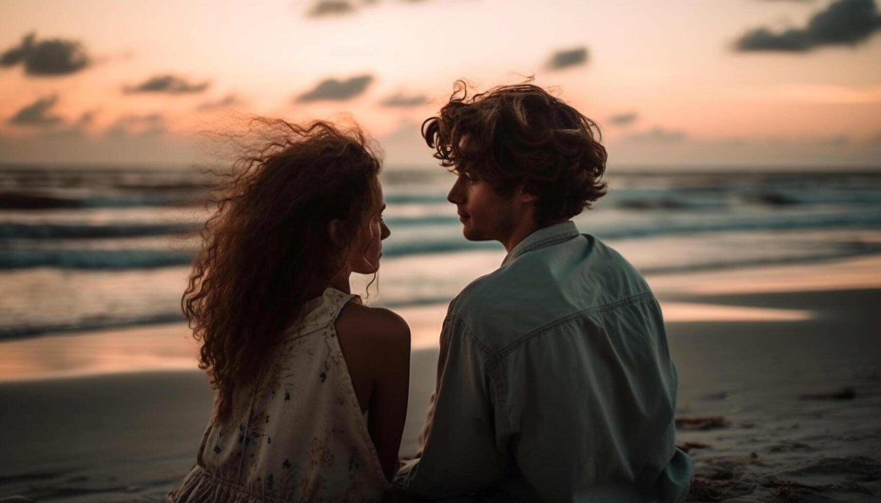 giovane coppia abbraccia nel tramonto spiaggia romanza generato di ai foto