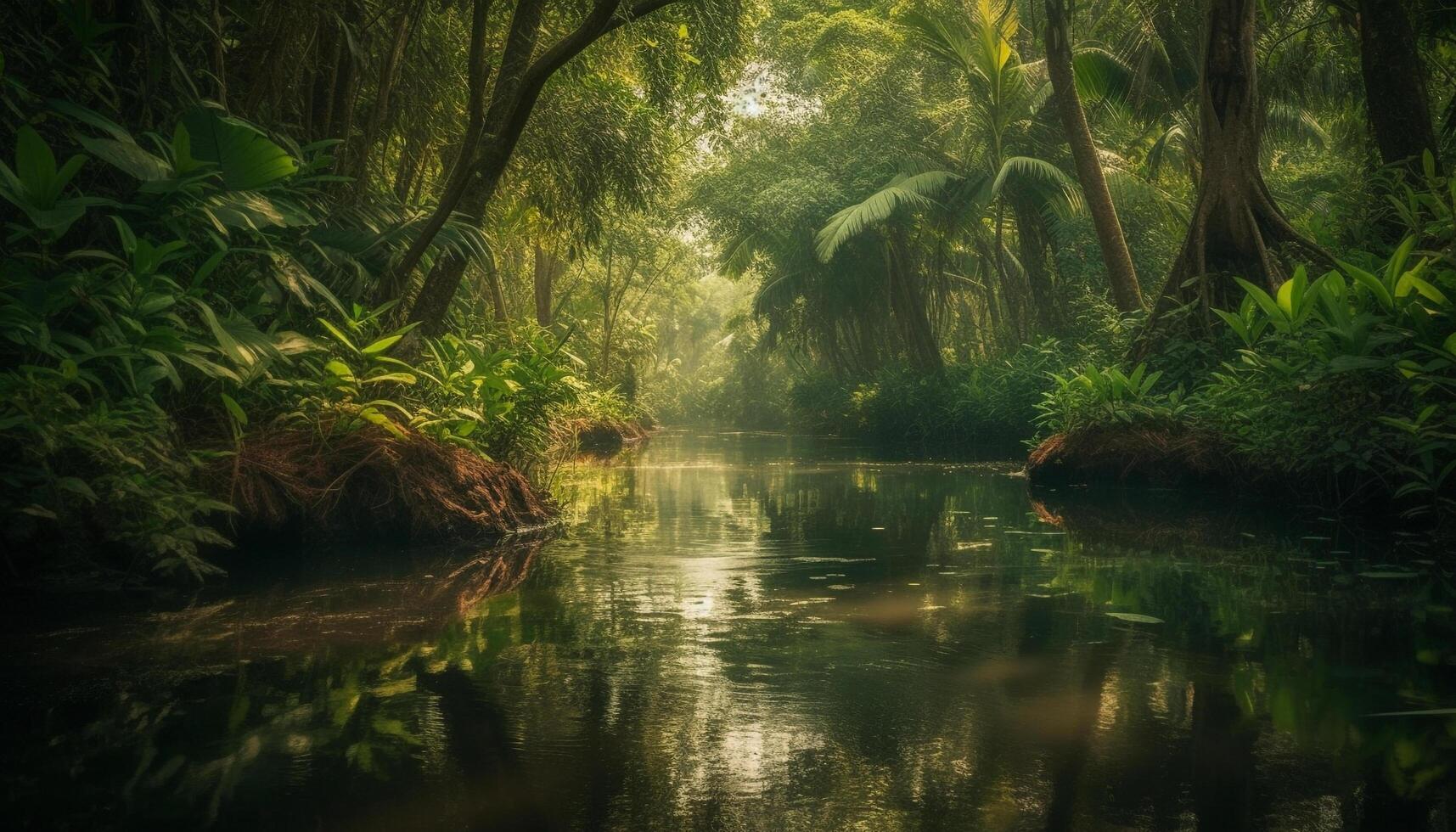 tranquillo scena di un' tropicale foresta pluviale stagno generato di ai foto