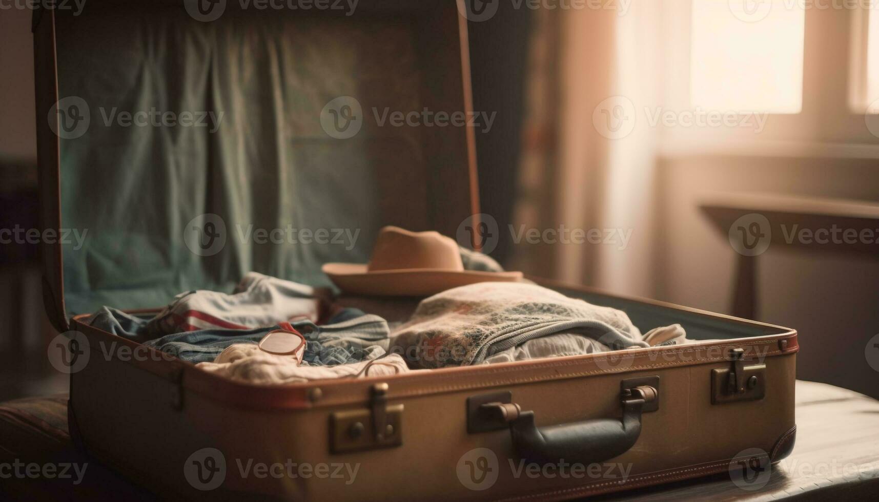 confortevole pelle valigia su elegante Hotel letto generato di ai foto