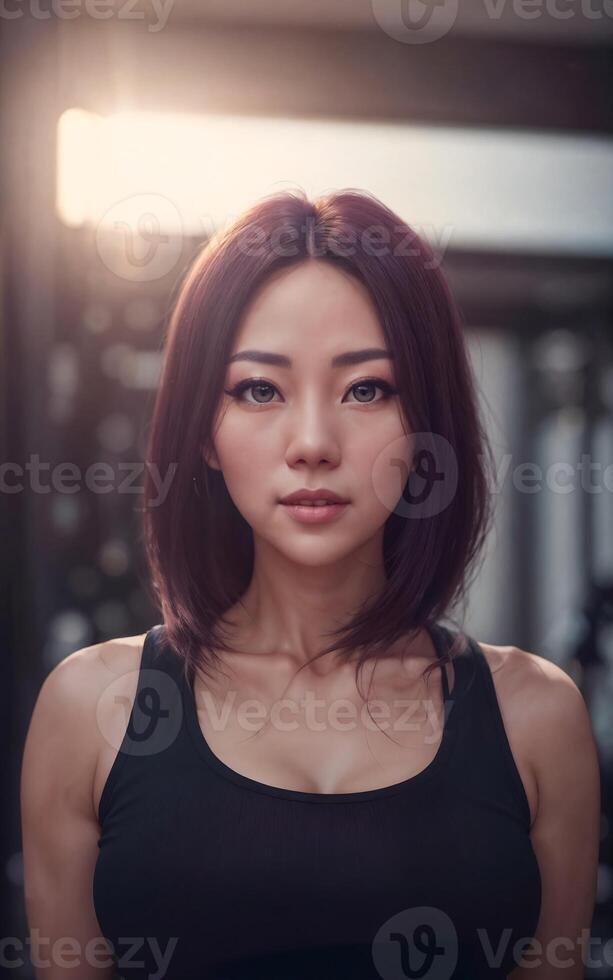 ritratto foto di bellissimo asiatico donna nel sport esercizio vestito, generativo ai