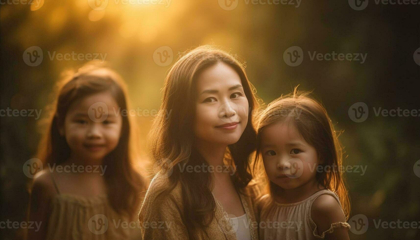 madre e figlie abbraccio natura bellezza, sorridente generato di ai foto