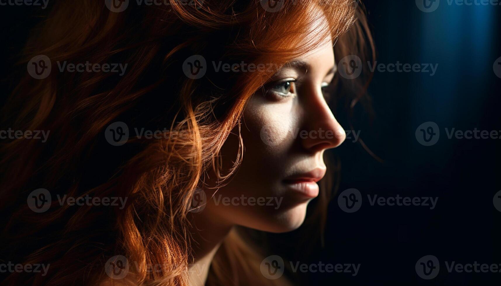 bellissimo donna con rosso capelli guardare lontano generato di ai foto