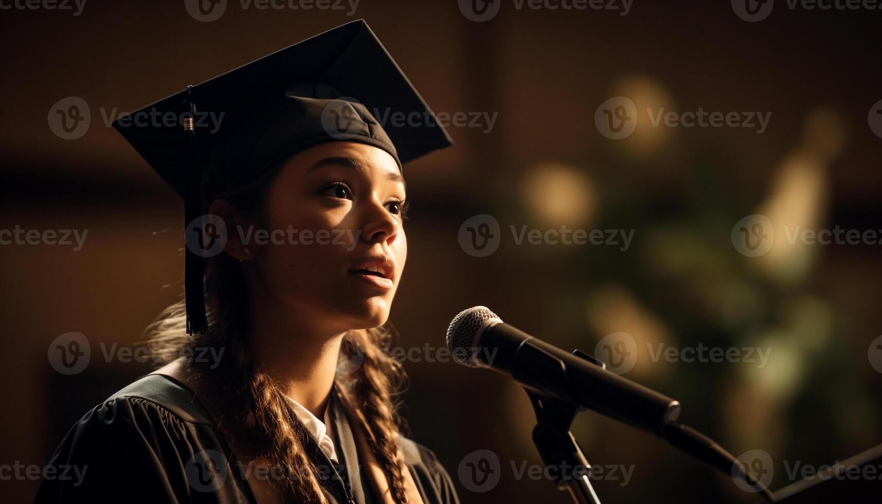 giovane donna ottiene successo su la laurea giorno generato di ai foto