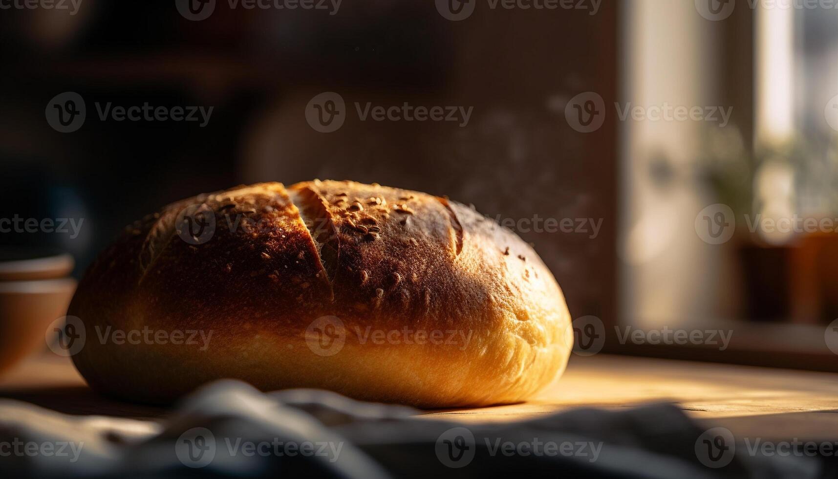 appena al forno pane su rustico di legno tavolo generato di ai foto