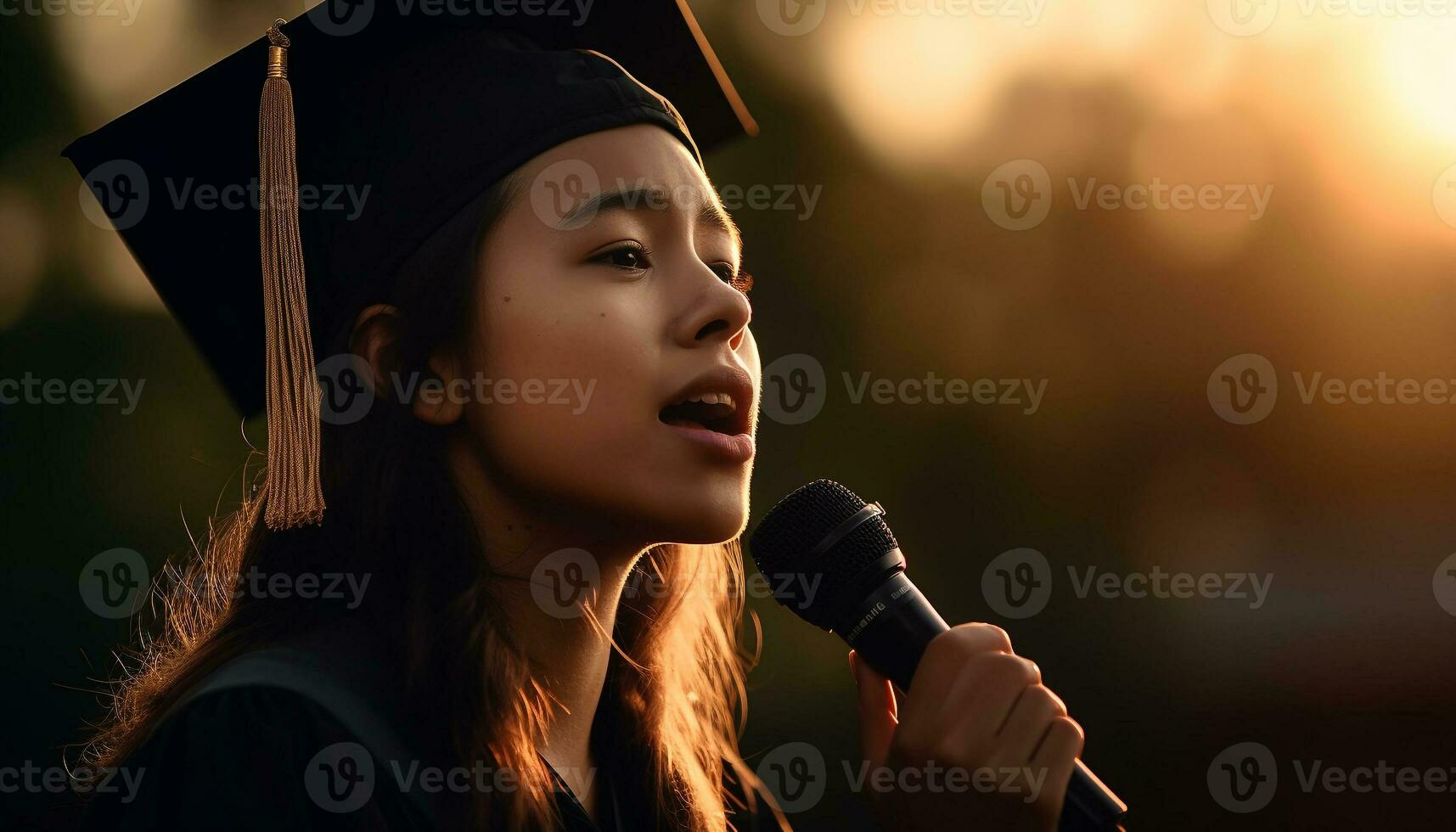 giovane donna celebra la laurea, Tenere microfono all'aperto generato di ai foto