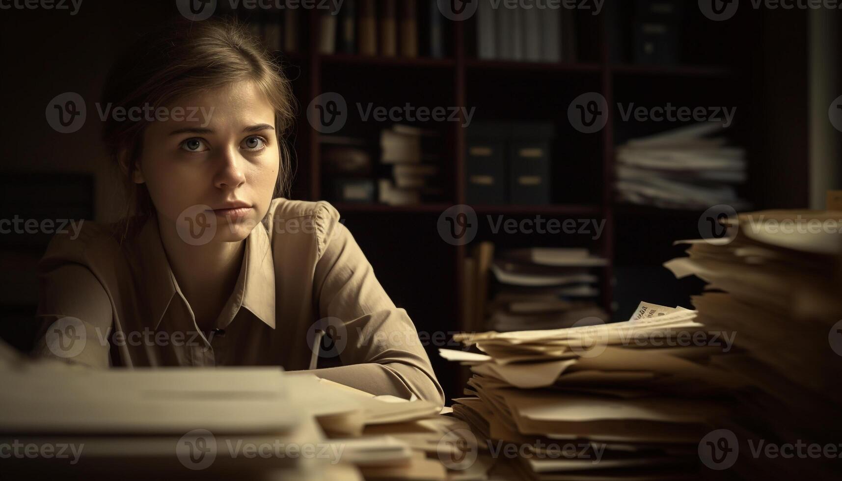 giovane adulto studiando letteratura nel biblioteca pila generato di ai foto