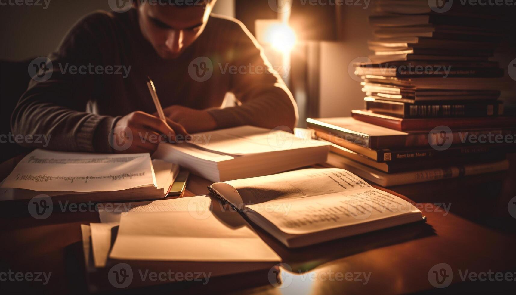 caucasico maschio studiando letteratura in casa a biblioteca generato di ai foto