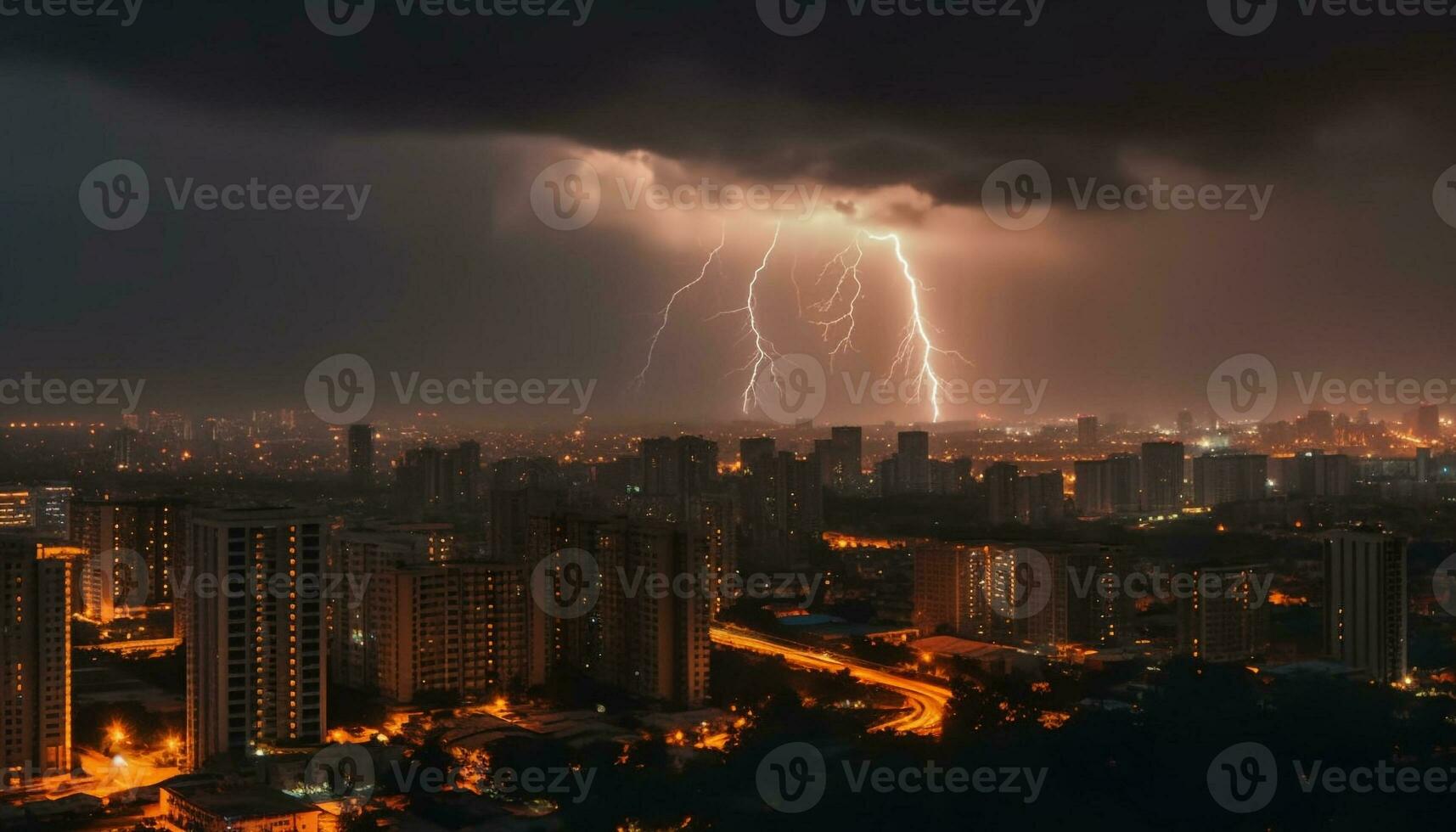 elettricità si accende città orizzonte durante temporale Pericolo generato di ai foto