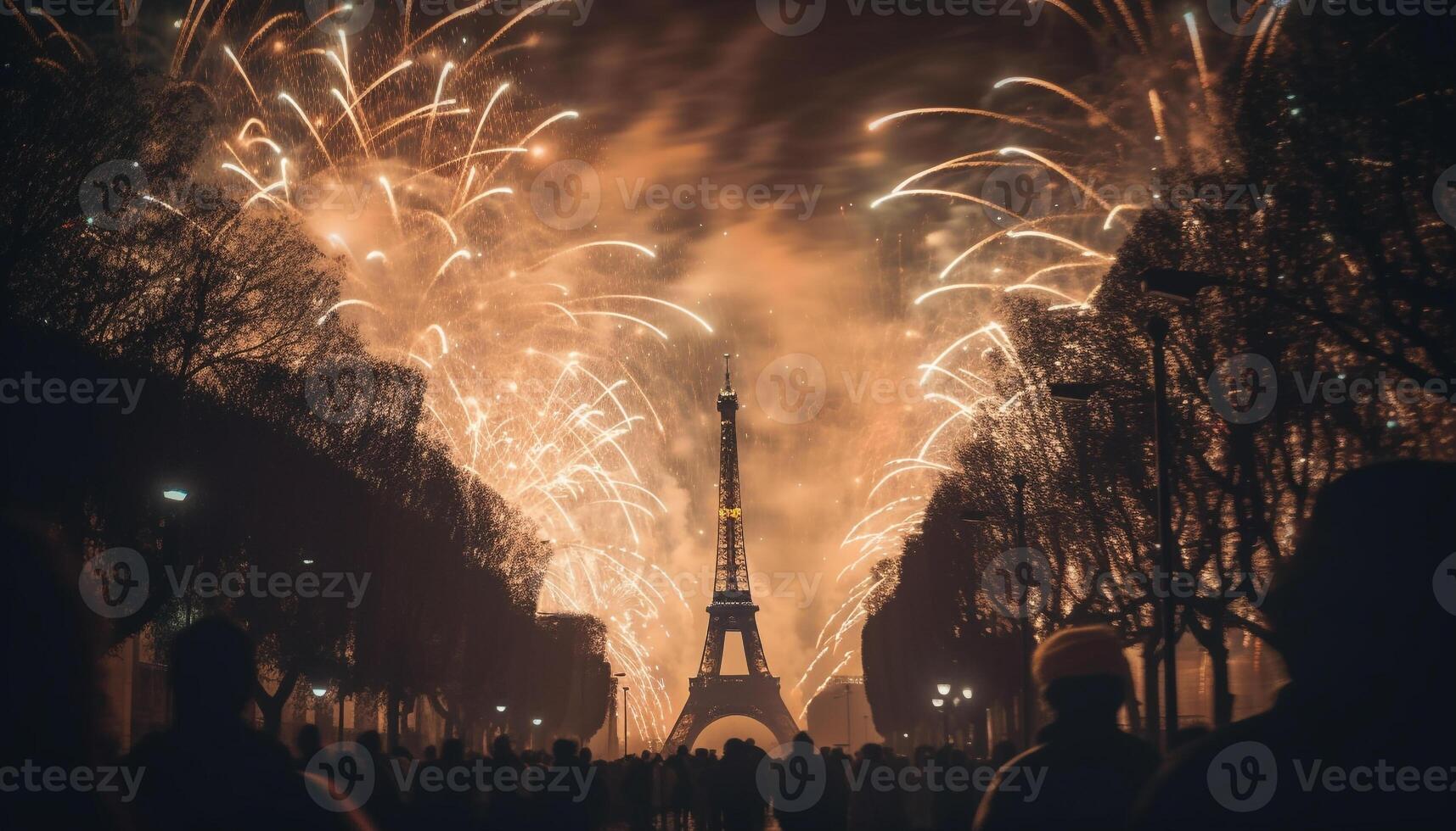 raggiante città orizzonte, che esplode fuochi d'artificio, gioioso folla generato di ai foto