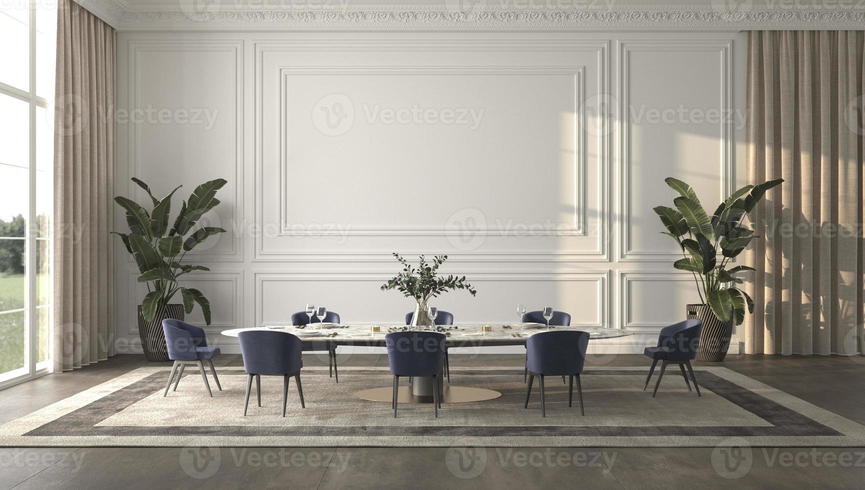 lussuosa sala da pranzo luminosa con luce solare e sfondo vista natura 3d rendering illustrazione interni beige design foto