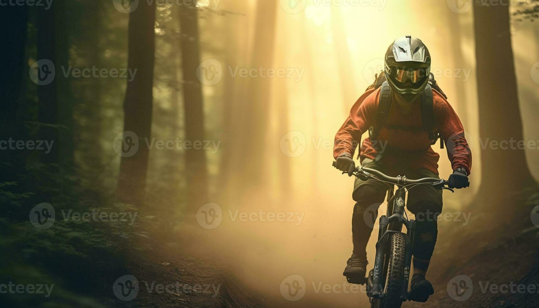 uomini Ciclismo attraverso foresta, estremo gli sport avventura generato di ai foto