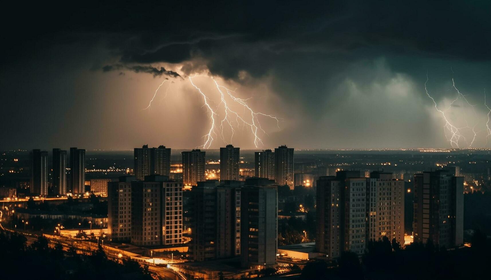 elettricità si accende città orizzonte nel drammatico temporale generato di ai foto