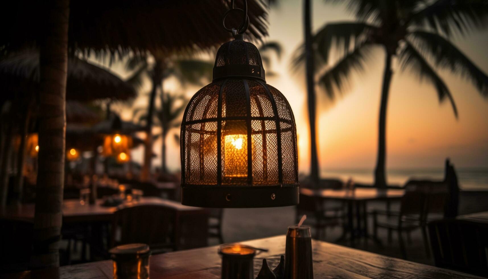 lanterna e elettrico lampada illuminare tranquillo tropicale notte generato di ai foto