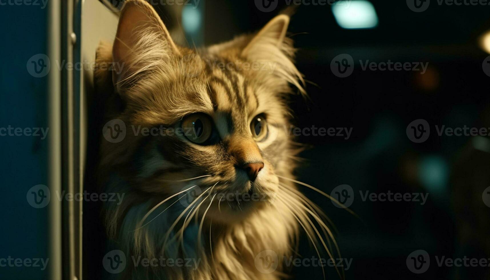 carino gattino fissando a telecamera con curiosità generato di ai foto