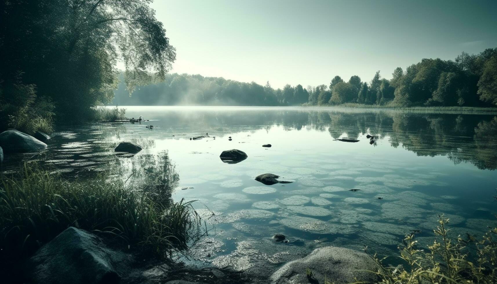 tranquillo scena di riflessione su montagna stagno generato di ai foto