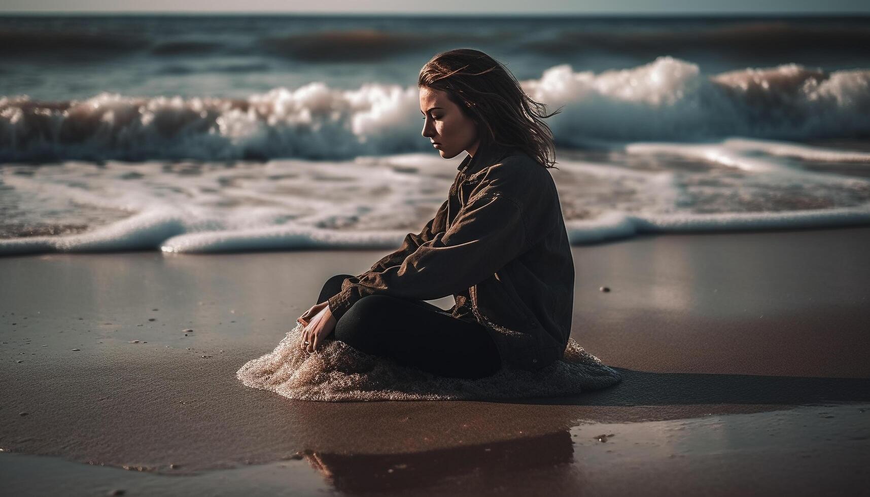 giovane donna seduta solo su sabbioso spiaggia generato di ai foto