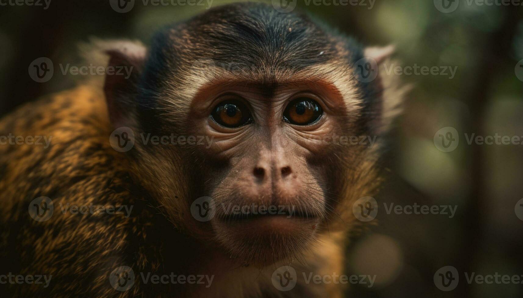 carino macaco fissando, mangiare nel tropicale foresta generato di ai foto
