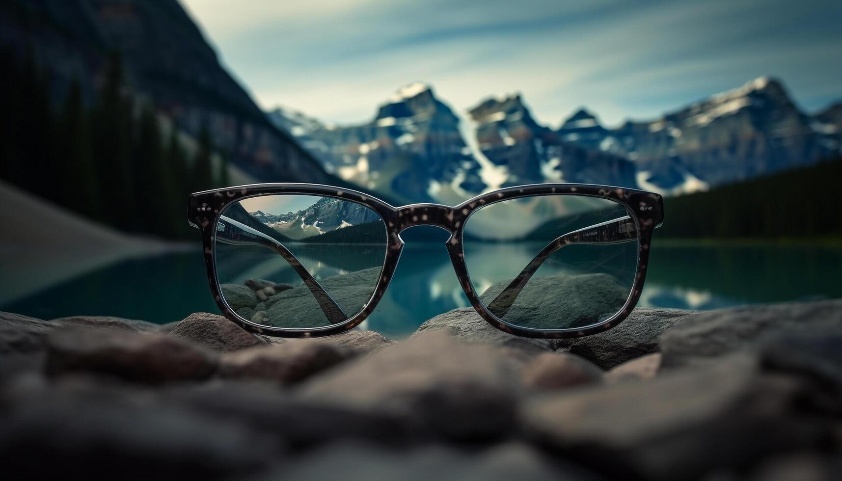 uomini occhiali da sole riflettere montagna picco durante tramonto avventura generato di ai foto