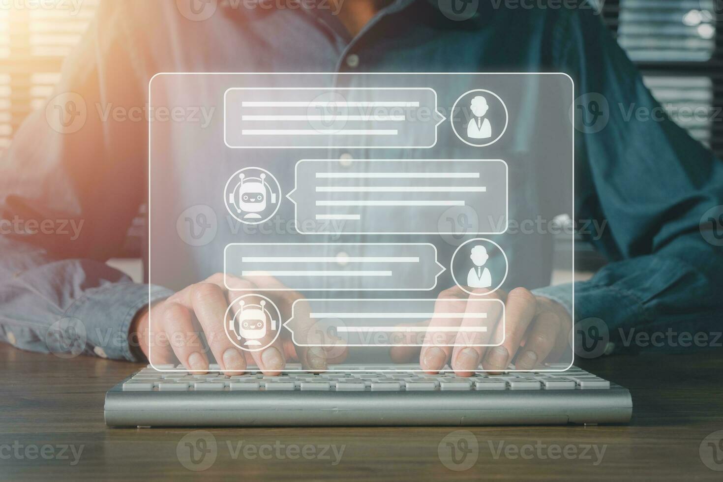 Chiacchierare gpt, Chiacchierare Bot assistente, persona digitazione tastiera computer su scrivania con Chiacchierare gpt icona su virtuale schermo, ai tecnologia per assistere gli esseri umani opera. foto