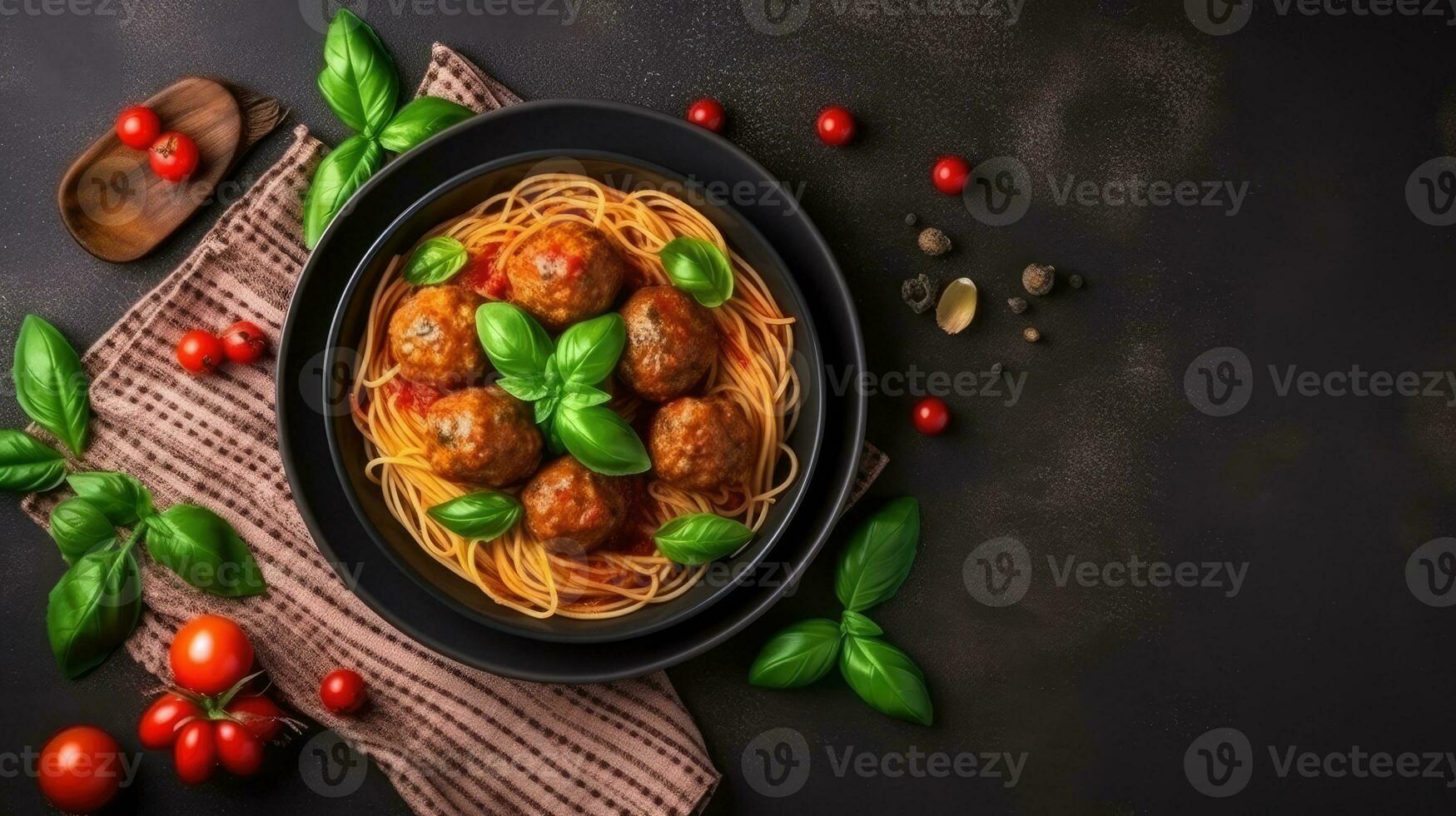 superiore Visualizza di bellissimo delizioso pomodoro spaghetti con copia spazio, famoso italiano piatto. generativo ai foto