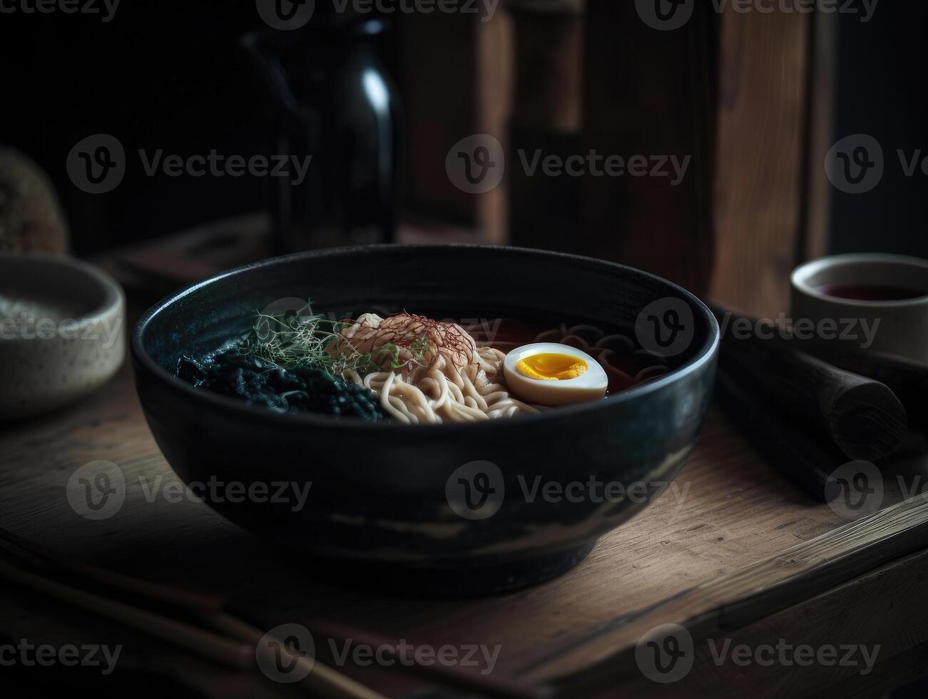 caldo delizioso giapponese ramen tagliatelle con uovo. generativo ai foto